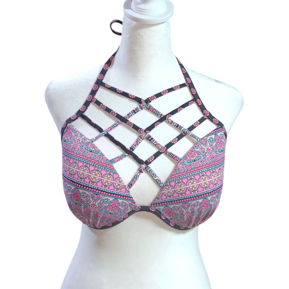 Colorful Strappy Halter Bikini Top Sz 34DD Underwire Shade & Shore